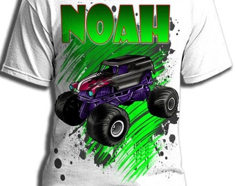 B255(1) Personalized Airbrush Monster Trucks Adult Tee Shirt