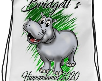 I037 Digitally Airbrush Painted Personalized Custom Hippo Cartoon Drawstring Backpack