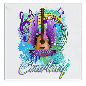 May include: A colorful graphic design featuring a guitar with wings, musical notes, and the word "Music" in a banner. The name "Courtney" is written in a stylized font below the design.
