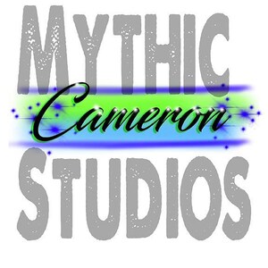May include: A logo with the text "MYTHIC Cameron STUDIOS" in a gray, textured font. The word "Cameron" is in black cursive font and is set against a blue and green gradient background with white stars.