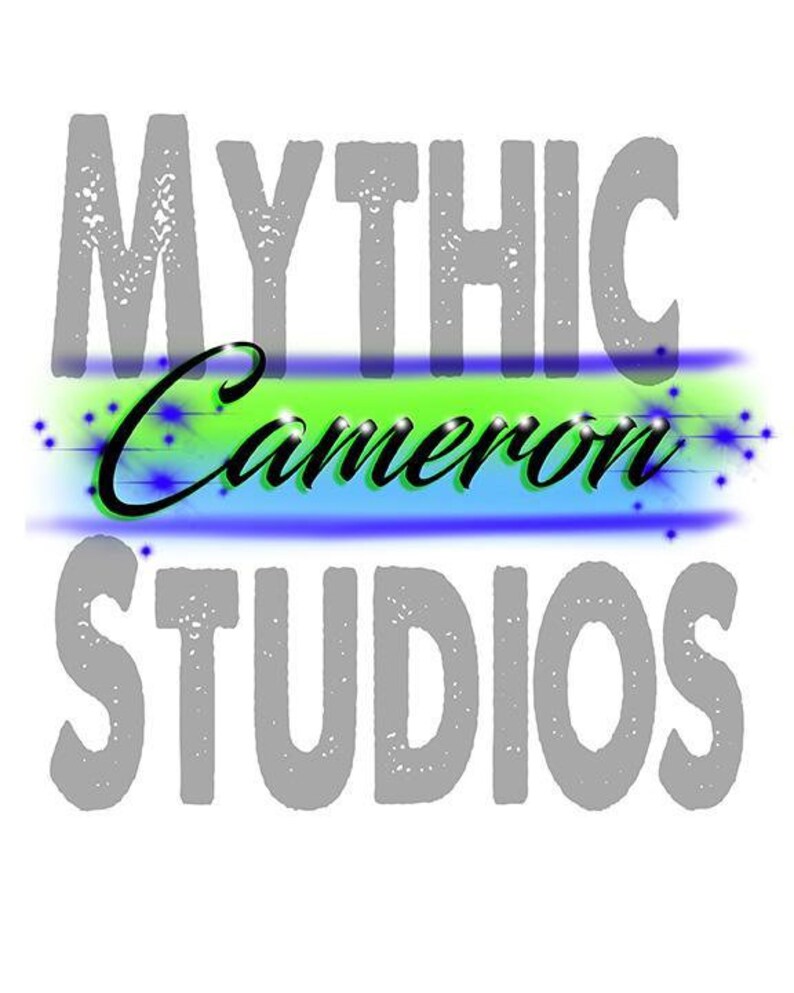May include: A logo with the text "MYTHIC Cameron STUDIOS" in a gray, textured font. The word "Cameron" is in black cursive font and is set against a blue and green gradient background with white stars.