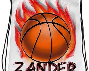 LG002 Digitally Airbrush Painted Personalized Custom Basketball Fire Drawstring Backpack