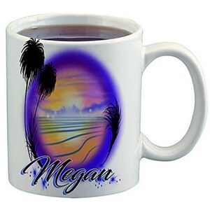E032 Personalized Airbrush Beach Water Scene Ceramic Coffee Mug