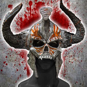 May include: A white and orange skull mask with horns, set against a red and gray splattered background.