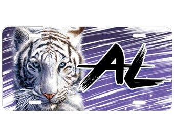 I039 Digitally Airbrush Painted Personalized Custom White Tiger Animals    Auto License Plate Tag