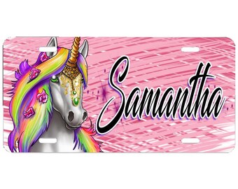I032 Digitally Airbrush Painted Personalized Custom Unicorn Rainbow    Auto License Plate Tag