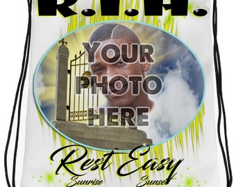 PT007 Photo Picture on airbrushed personalized custom name Heavens gate RIP clouds customized colors Printed choose own writing  Drawstring