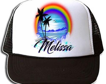 E012 Personalized Airbrush Rainbow Beach Landscape Snapback Trucker Hat