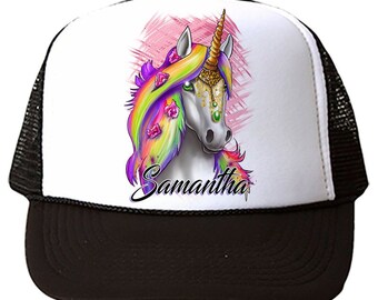 I032 Digitally Airbrush Painted Personalized Custom Unicorn Rainbow    Snapback Trucker Hats