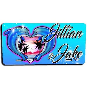 I018 Personalized Airbrush Dolphin Heart License Plate Tag