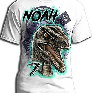 C078 custom personalized airbrush Blue Raptor Dinosaur Tee Shirt.
