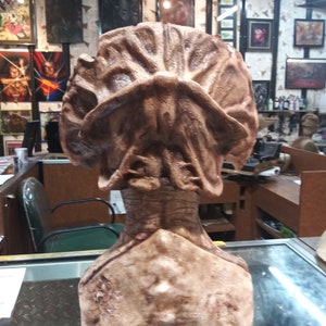 May include: A brown and beige detailed bust sculpture of a creature with a large head and a textured surface.
