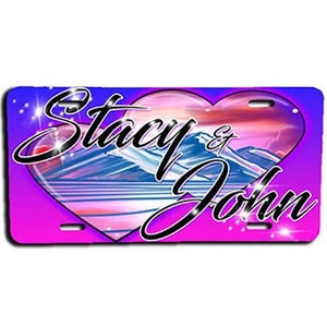 E019 Personalized Airbrush Hearts Mountain Landscape License Plate Tag
