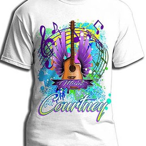 May include: White t-shirt with a colorful graphic design featuring a guitar with wings, musical notes, and the name "Courtney" in a stylized font.