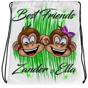 I027 Digitally Airbrush Painted Personalized Custom monkeys best friend sibling Drawstring Backpack