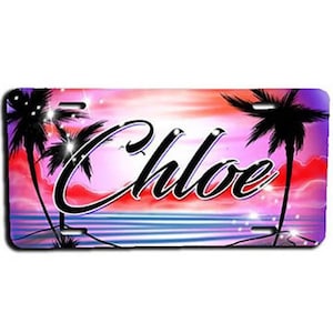 E009 Personalized Airbrush Sunset Beach Landscape License Plate Tag