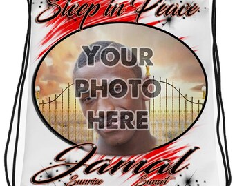 PT004 Photo Picture on airbrushed personalized custom name Heavens gate RIP clouds customized colors Printed choose own writing  Drawstring