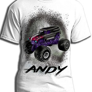B224 Digitally Airbrush Painted Personalized Custom Monster Truck Adult and Kids T-Shirt
