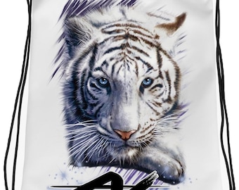 I039 Digitally Airbrush Painted Personalized Custom White Tiger Drawstring Backpack