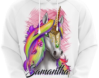 I032 Digitally Airbrush Painted Personalized Custom Unicorn Rainbow  Adult Hoodies Sweatshirt