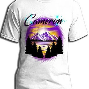 E023 custom personalized airbrush Mountains sunset Trees Scene Tee Shirt