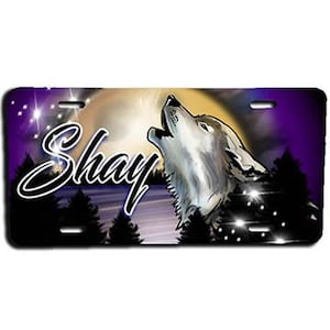 I011 Personalized Airbrush Howling Wolf License Plate Tag