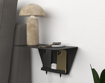 Modern Minimalist Floating Nightstand - Metal Bedside Wall Shelf with Phone Charging Station
