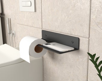 Modern Metal Toilet Paper Holder with Phone Shelf: Minimalist Bathroom Decor