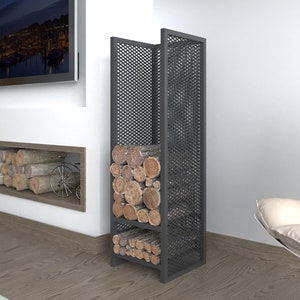 Suporte de lenha de metal moderno, suporte vertical para toras, armazenamento minimalista para lenha, decoração de casa de fazenda