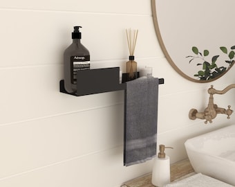 Minimalist Metal Bathroom Floating Shelf with Towel Holder, Modern Hand Towel Rack