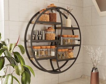 Round Metal & Wood Spice Rack: Wall Decor Storage Shelf