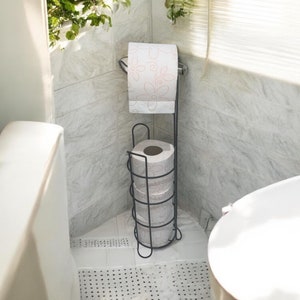 Porta carta igienica moderno in metallo nero e supporto portaoggetti - Organizer da bagno indipendente per riporre i rotoli - Design minimalista