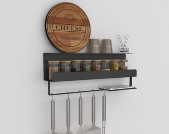 Wall-Mounted Metal Kitchen Shelf: Spice Rack & Utensil Rail