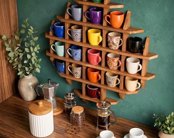 Wooden Mug Display Shelf, Kitchen Cup Storage Rack, Coffee Bar Decor