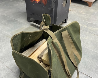 Waxed Canvas Firewood Carrier: Heavy-Duty Log Tote with Zippered Sides