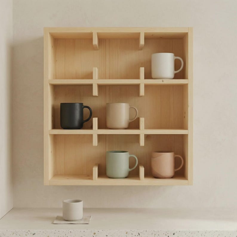 Wall mounted wooden mug organizer with mid century modern design