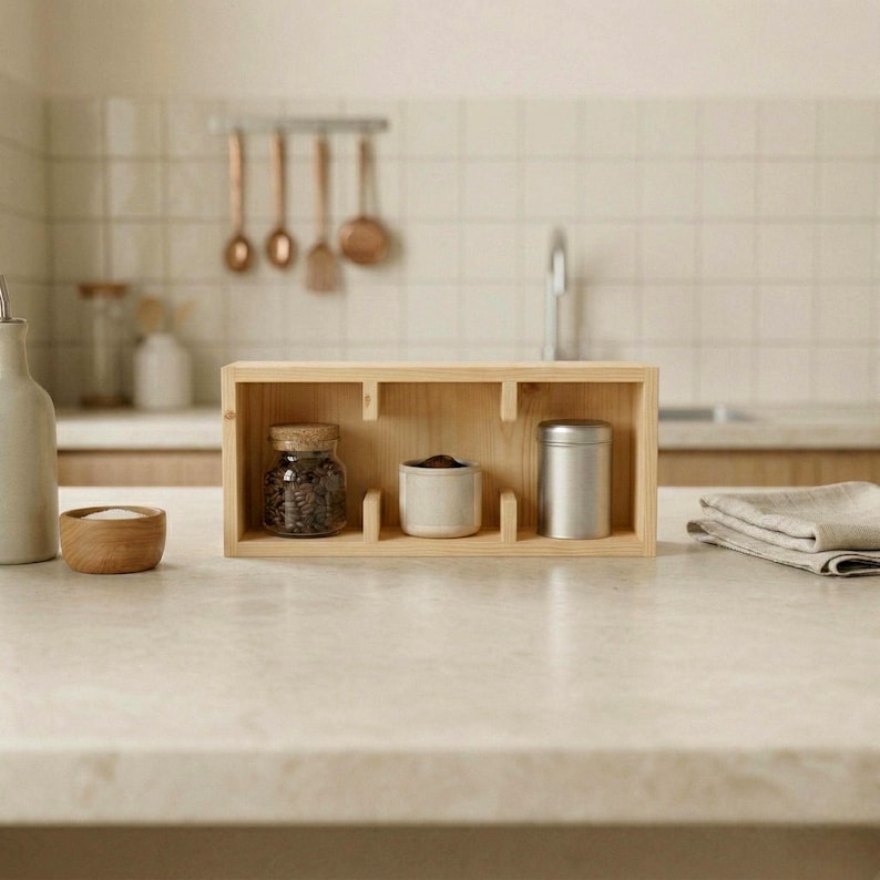Decorative wooden coffee mug organizer shelf for modern farmhouse kitchen