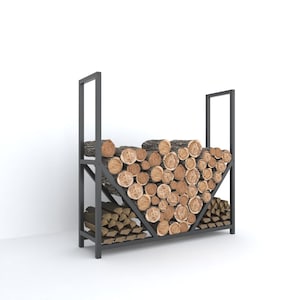 Metal firewood holder with a sleek V-shaped design, perfect for organizing logs and kindling next to the fireplace.