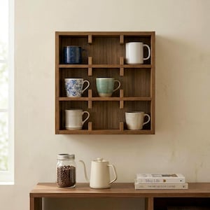 Beech wood mug display shelf with multiple compartments for coffee mugs