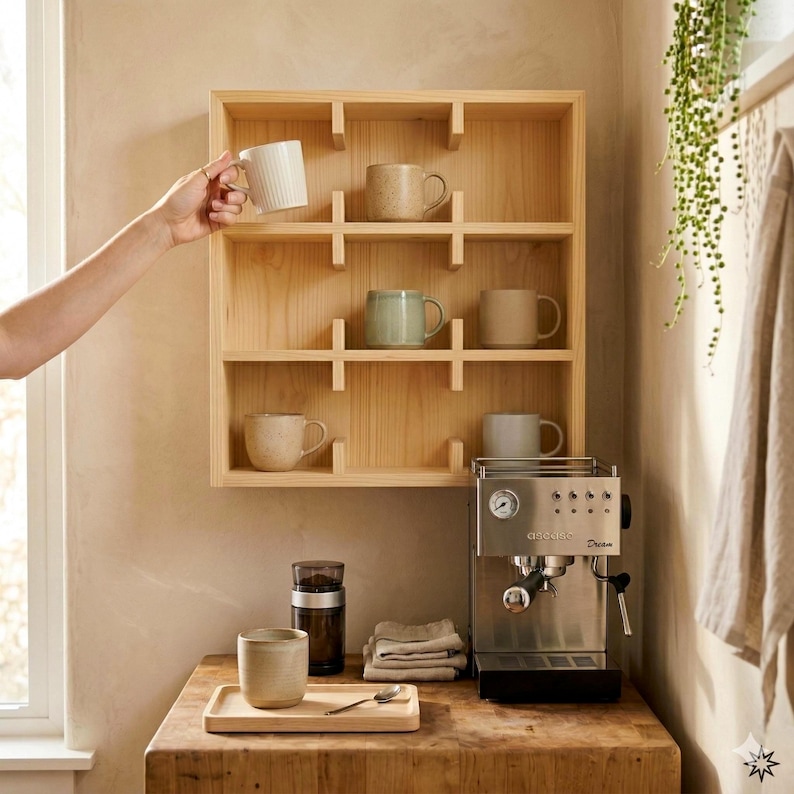 Handmade wall mounted coffee mug storage shelf in natural wood finish