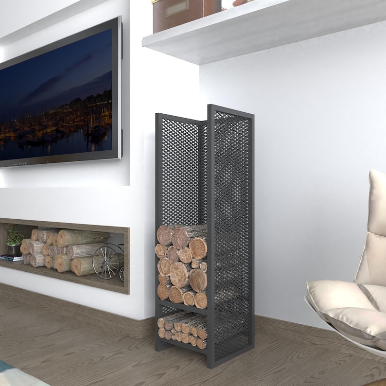 Modern metal firewood rack in black color, vertical log holder for indoor and outdoor use, perfect for organizing firewood next to the fireplace