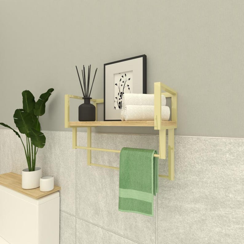 Modern wall-mounted metal and wood bathroom shelf with hand towels rack, perfect for organizing hand towels and toiletries