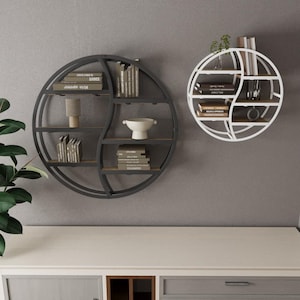 Modern Circular Display Shelf, Metal and Wood Decorative Floating Shelves for Home Decor, Round Shelving Unit, Bookcase, Housewarming Gift