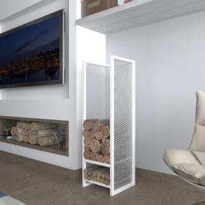 Vertical metal firewood rack, white log holder with a contemporary design, ideal for fireplace or wood stove areas.