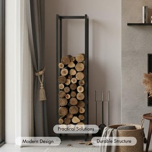 May include: A dark grey metal log store filled with cut logs. The rectangular holder stands upright. The image also includes a woven basket, fireplace tools, and text that reads "Modern Design", "Practical Solutions", and "Durable Structure".