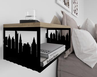 Minimalist City Skyline Bedside Shelf: Metal and Wood Nightstand