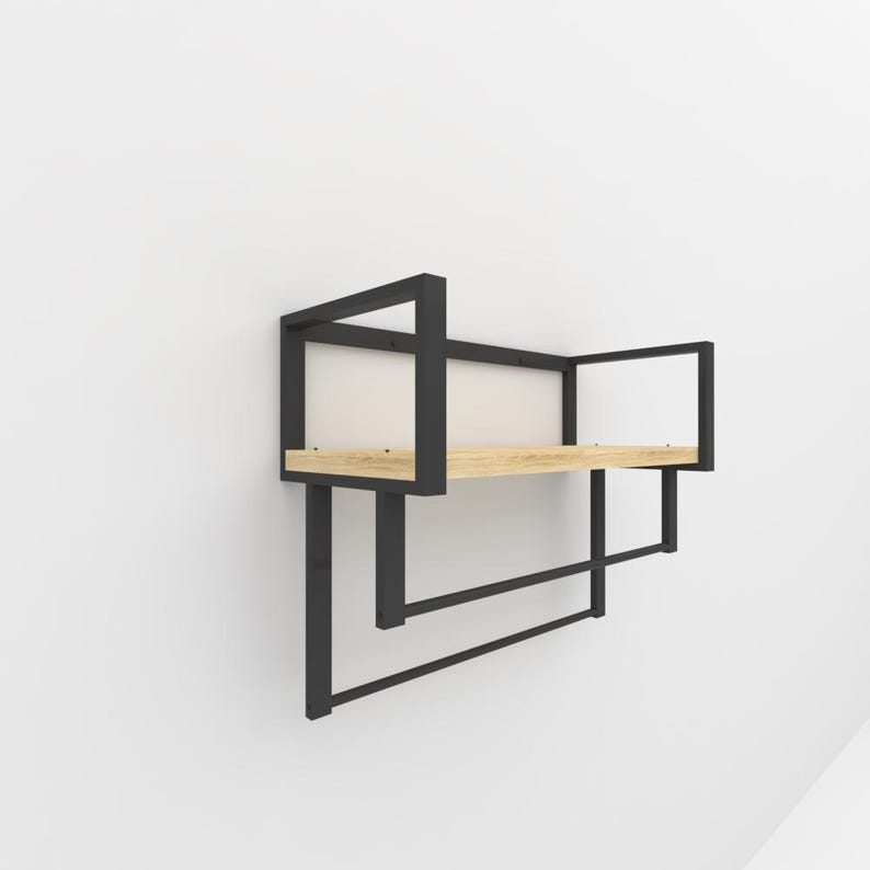 Black metal and wood bathroom shelf with a built-in towel rack, a perfect housewarming gift for stylish homes