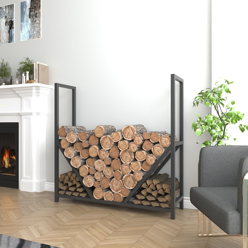 Black metal log rack for wood storage, perfect firewood holder for indoor or outdoor use, farmhouse-style home decor
