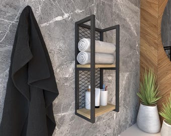 Minimalist Wall Bathroom Shelf, Metal and Wood Floating Towel Storage Rack