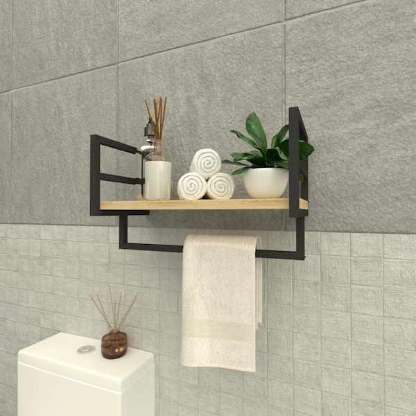 Wall-Mounted Bathroom Shelf with Towel Bar: Metal and Wood Floating Storage